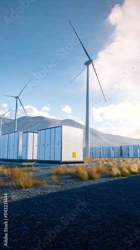 Sustainable Energy: Wind Turbines and Battery Storage in a Mountainous Landscape