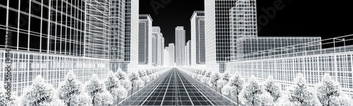 Urban street design. Modern city development plan. Wireframe view shows high-rise buildings. Trees line road. Architectural blueprint. Future city landscape. Three-dimensional city model. Modern