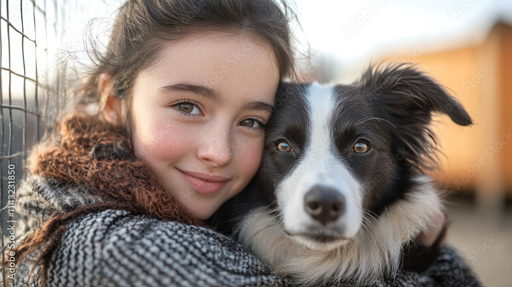 A young girl smiles while hugging her border collie dog, showcasing warm bond. scene captures joy and companionship in natural setting A young girl smiles while hugging her border collie dog, showcasing warm bond. scene captures joy and companionship in natural setting