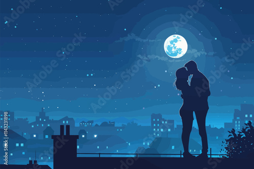 Couple Sharing a Kiss on the night roof isolated illustration