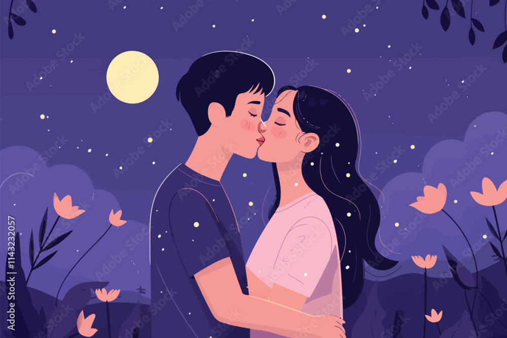 Couple Sharing a Kiss under star sky night isolated illustration Couple Sharing a Kiss under star sky night isolated illustration