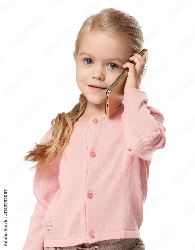 Cute little girl talking on smartphone against white background Cute little girl talking on smartphone against white background