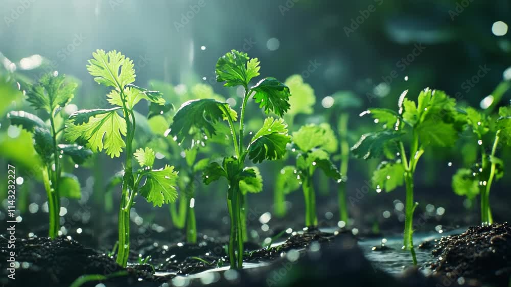Coriander Seedlings Under the Rain: A Breathtaking View of Nature's Renewal Coriander Seedlings Under the Rain: A Breathtaking View of Nature's Renewal