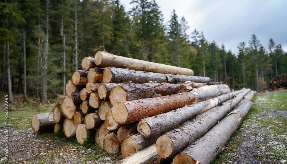 Polished Wooden Logs Stacked in a Forest Clearing After Sustainable Logging Polished Wooden Logs Stacked in a Forest Clearing After Sustainable Logging