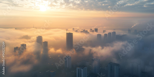 Aerial view of city skyline covered in dense morning fog, Urban skyscrapers emerging through thick mist at sunrise  
