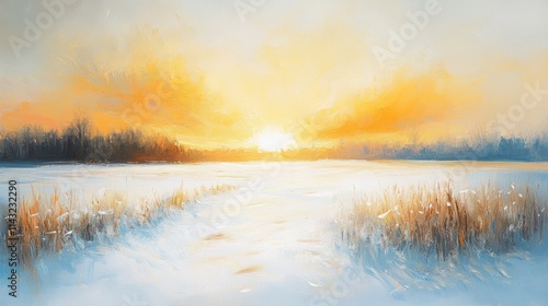 Serene winter sunset landscape painting with snow-covered field and golden sky.