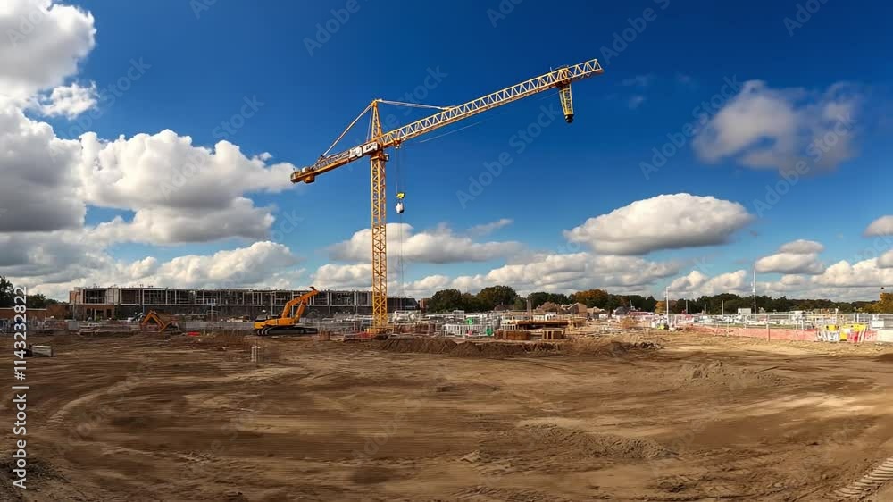 Construction Site Under a Blue Sky: A yellow construction crane stands tall against a backdrop of fluffy white clouds, casting a long shadow over the bustling construction site. Construction Site Under a Blue Sky: A yellow construction crane stands tall against a backdrop of fluffy white clouds, casting a long shadow over the bustling construction site.