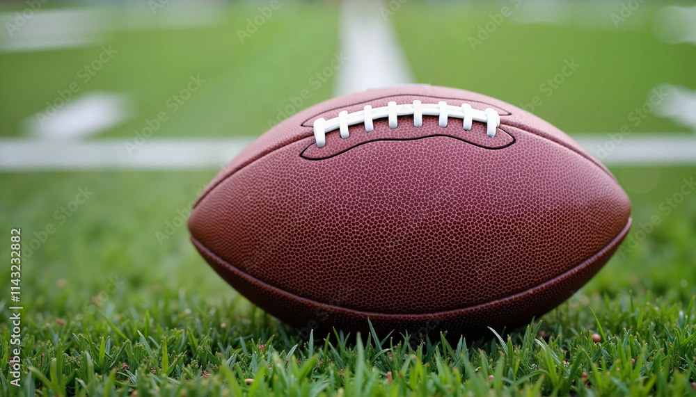 Close-up of American football on grass field, sports concept, vibrant colors, copy space Close-up of American football on grass field, sports concept, vibrant colors, copy space