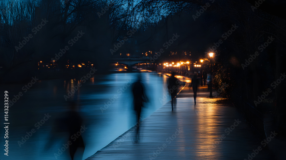 Fototapeta premium A riverbank walkway with blurred joggers and strollers under dim lighting.