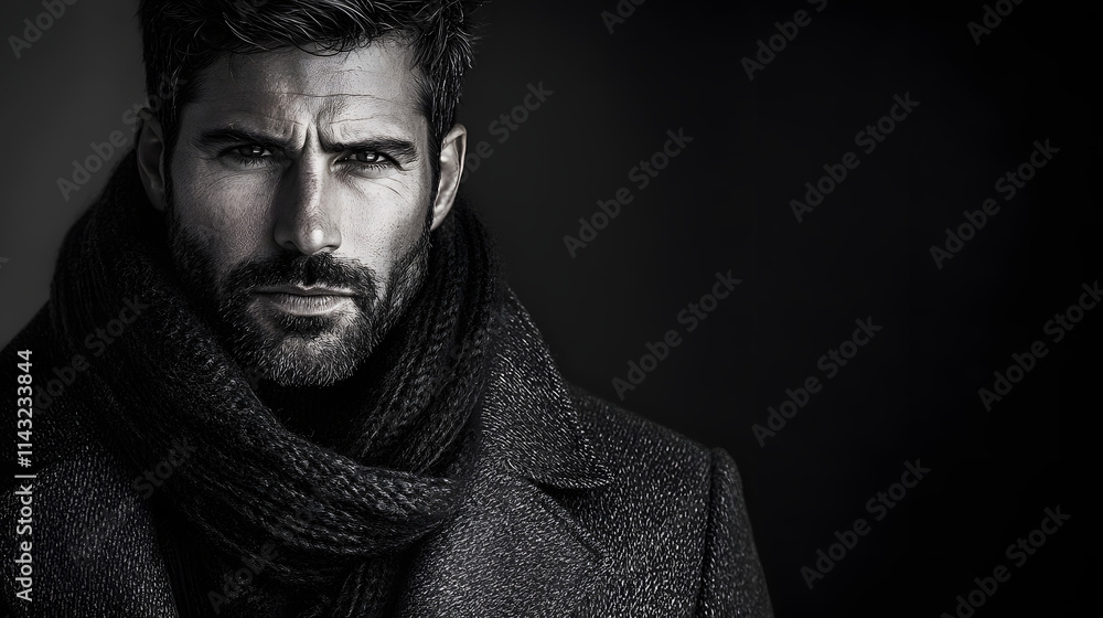 A rugged man with stubble wearing a fitted wool coat and scarf. A rugged man with stubble wearing a fitted wool coat and scarf.