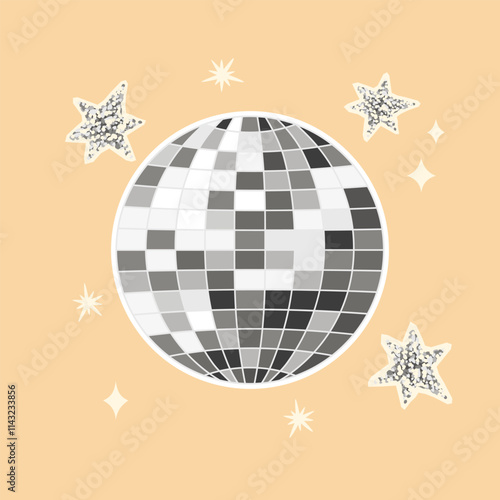 Silver disco ball and glitter stars stickers set.Vector designs in grey colors isolated on beige background.Retro elements for use in cards,banners,posters.Print on fabric and paper.Flat illustration.