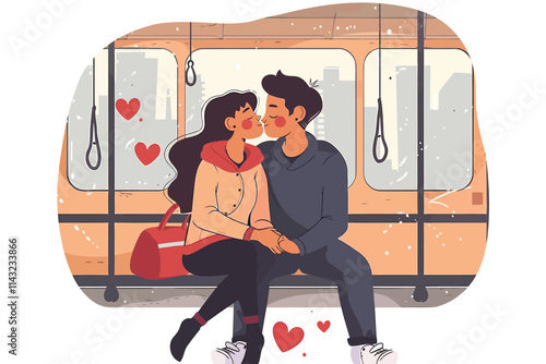 romantic couple on a train isolated illustration