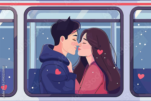 romantic couple on a train isolated illustration