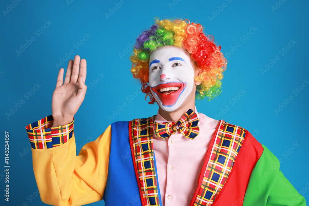Portrait of happy clown waving on blue background Portrait of happy clown waving on blue background