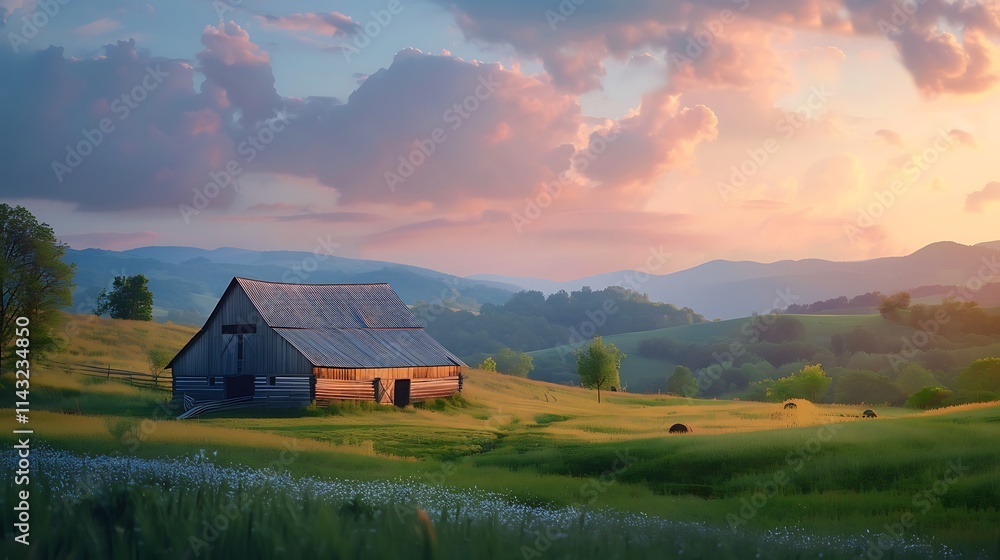A countryside barn glowing in the soft, warm light of sunset with rolling hills in the background, 35mm cinematic. A countryside barn glowing in the soft, warm light of sunset with rolling hills in the background, 35mm cinematic.