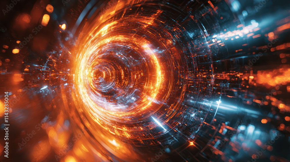 A mesmerizing tunnel of light with vibrant orange and blue hues, creating dynamic sense of motion and energy A mesmerizing tunnel of light with vibrant orange and blue hues, creating dynamic sense of motion and energy