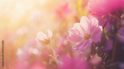 Wallpaper Mural Pink Cosmos Flowers Illuminated By Golden Sunlight Torontodigital.ca