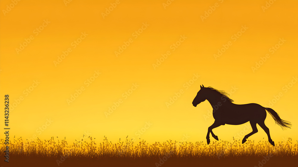 A silhouette of a horse running across a wide-open field at sunset. Horse running in field. A silhouette of a horse running across a wide-open field at sunset. Horse running in field.