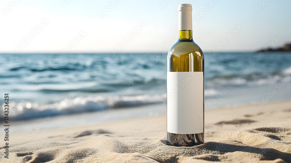 A sleek white wine bottle with a minimalist label resting on a sandy beach with ocean waves in the background. A sleek white wine bottle with a minimalist label resting on a sandy beach with ocean waves in the background.
