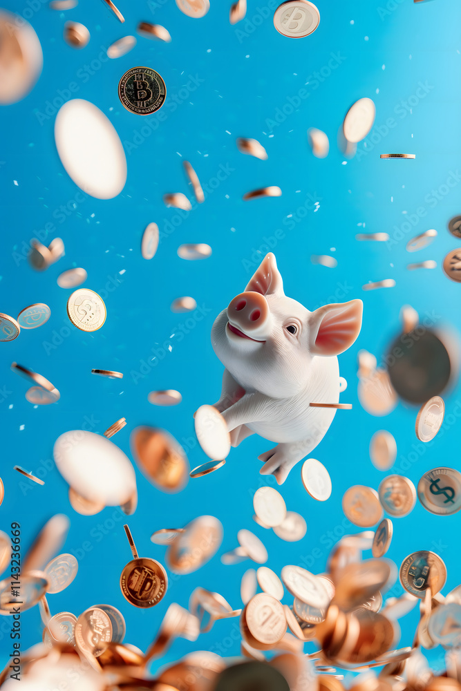Obraz premium Coins falling towards white happy piggy bank in jump. Children savings, investments, retirement plan. High quality photo
