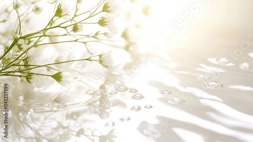 clean, minimalist beauty background with soft white and cream gradients, faint water drops or ripples, and glowing light flares, background for skincare brands, 16:9