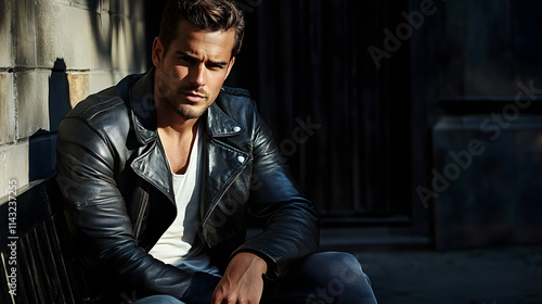 A striking man in a fitted leather jacket sitting casually on a bench.