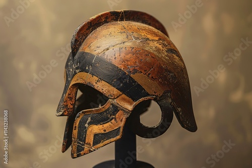 Ancient greek helmet with intricate details, showcasing the craftsmanship of the time period
