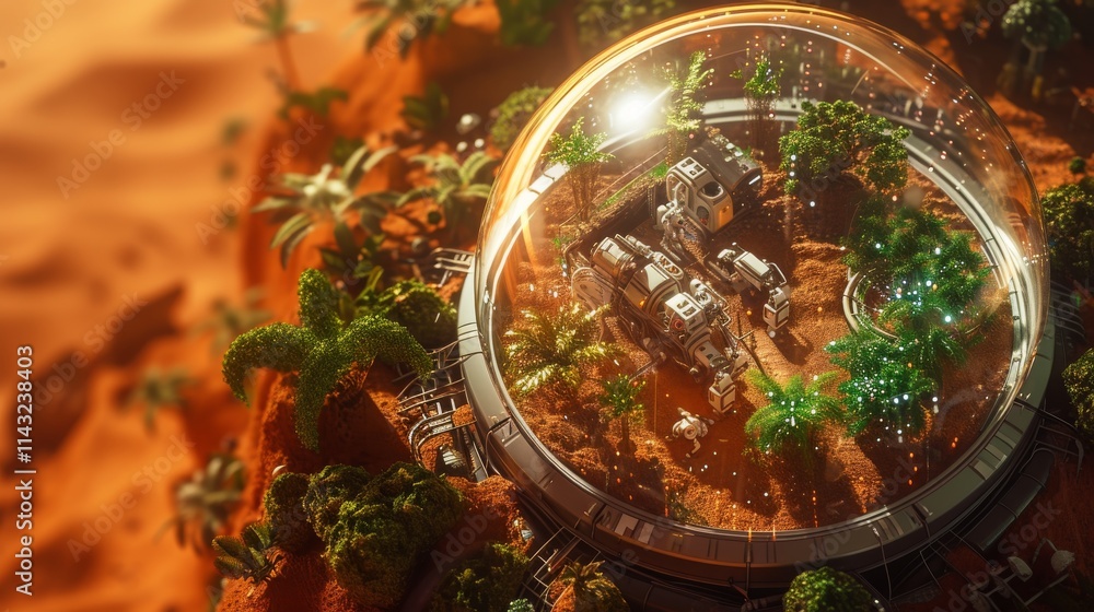 Fototapeta premium A captivating aerial view of a futuristic biodome surrounded by lush vegetation and cutting-edge structures on the red Martian soil, showcasing an advanced off-world colony. AI generated.