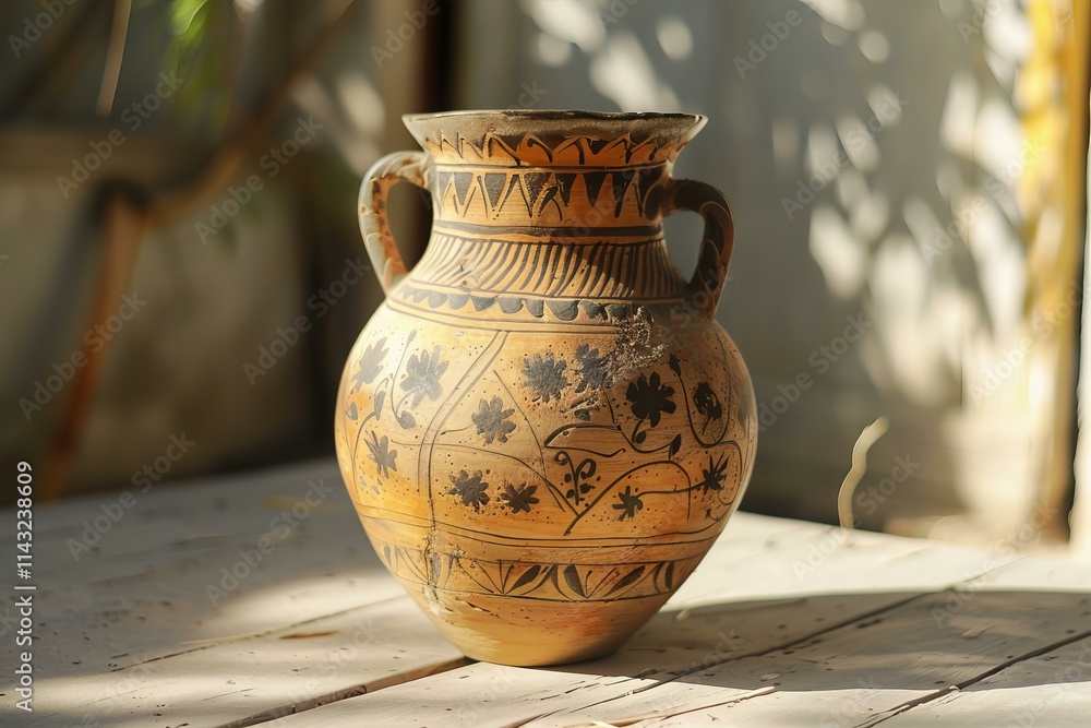 Ancient decorated amphora with floral motifs standing on a wooden surface, bathed in warm sunlight Ancient decorated amphora with floral motifs standing on a wooden surface, bathed in warm sunlight