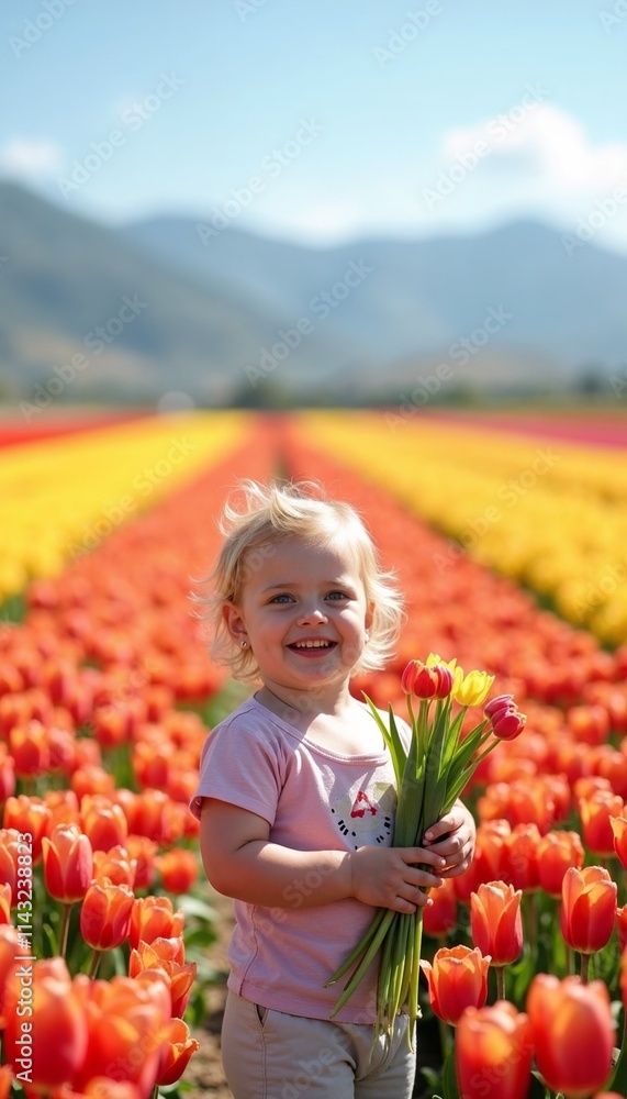 Joyful little girl holding tulips in a vibrant flower field during sunny day Joyful little girl holding tulips in a vibrant flower field during sunny day