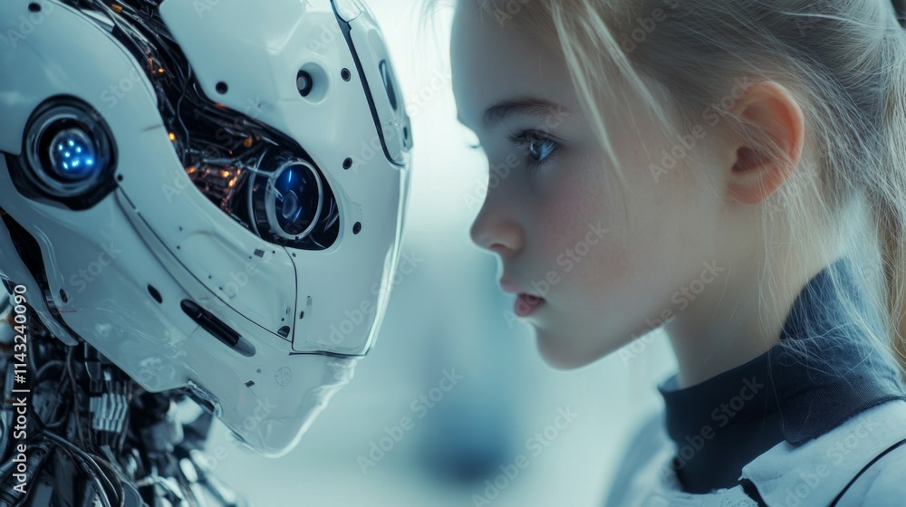 Young woman and humanoid robot having an emotional interaction Young woman and humanoid robot having an emotional interaction