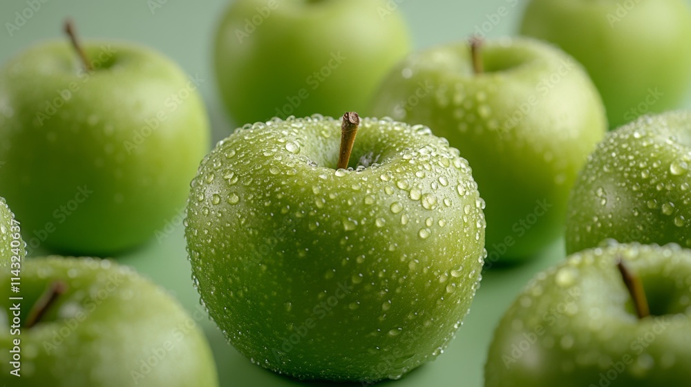 Close-up of fresh green apples with water droplets on a smooth surface