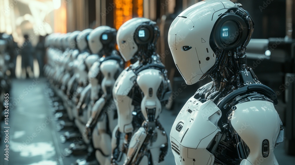 Group of futuristic robots in a row with glowing eyes in an industrial setting Group of futuristic robots in a row with glowing eyes in an industrial setting