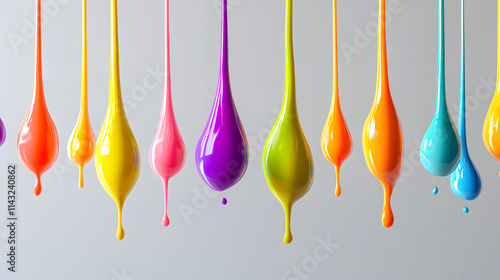 Colorful ink droplets suspended on a solid gray background.