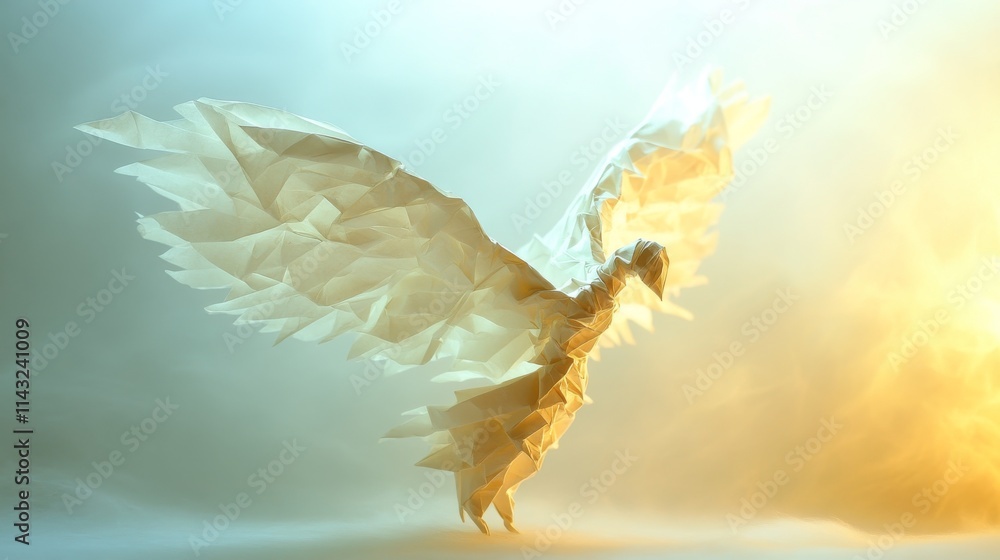 A origami luminous figure with large wings, emerging from a misty backdrop, embodies a celestial or ethereal presence. A origami luminous figure with large wings, emerging from a misty backdrop, embodies a celestial or ethereal presence.
