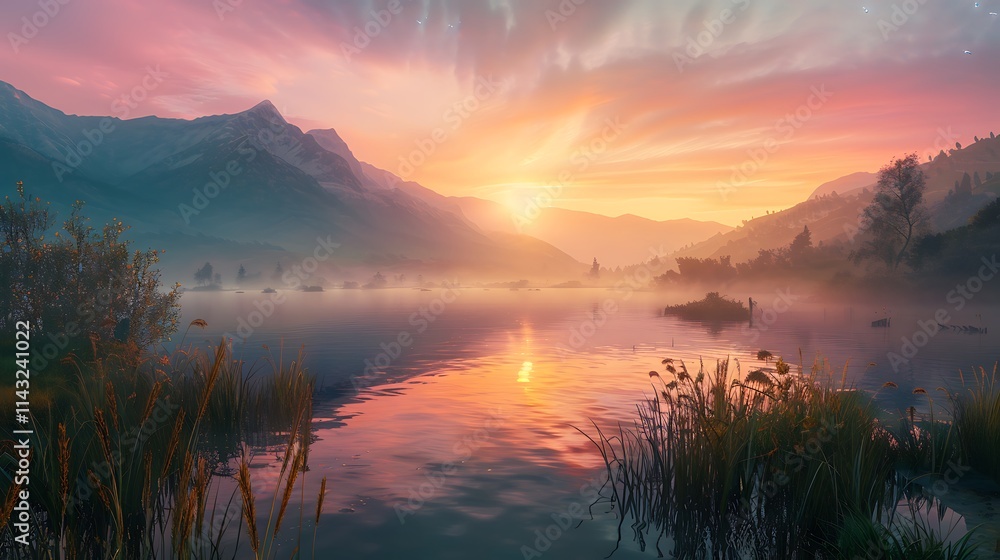 A misty lake glowing under the warm tones of a vivid sunset, with cinematic wide-angle composition. A misty lake glowing under the warm tones of a vivid sunset, with cinematic wide-angle composition.