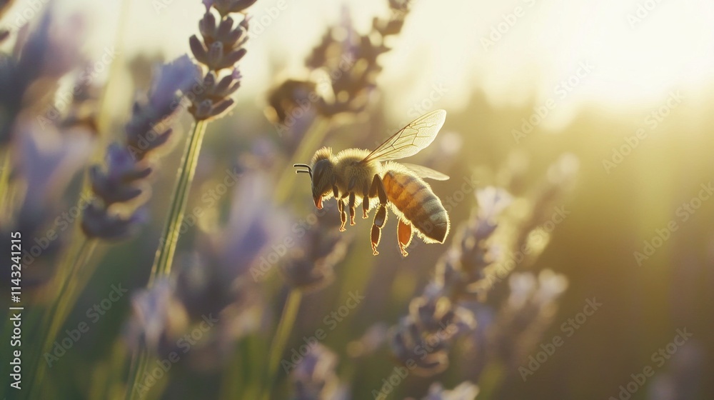 Honeybee in flight near lavender flowers at sunset. Honeybee in flight near lavender flowers at sunset.