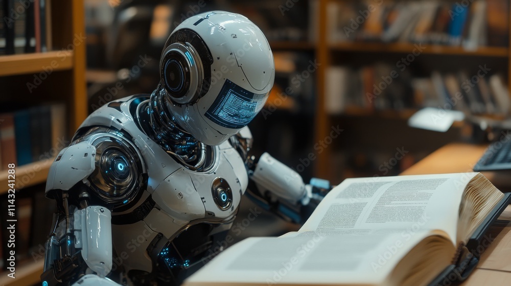 Fototapeta premium Humanoid robot reading a book in a library setting