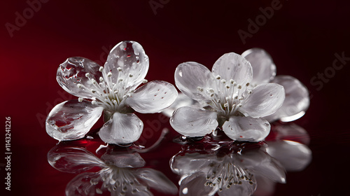 Crystal-clear droplets on a dark wine-red background. photo