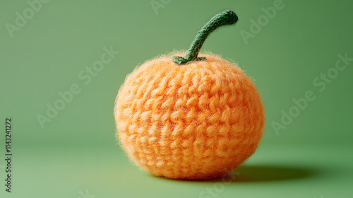 Cute knitted fruit, whole orange tangerine, Tangerine woven with coarse yarn, cute and fluffy design, soft texture, pure green background photo