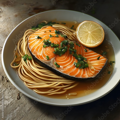 Pan-seared salmon fillet atop wheat noodles in light broth, garnished with green onions and lemon wedge. photo