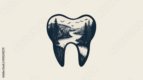 Tooth-shaped forest landscape silhouette with river and birds, concept of nature and dentistry photo