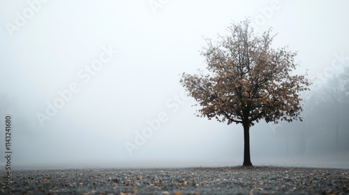Lone tree in a foggy field with soft lighting