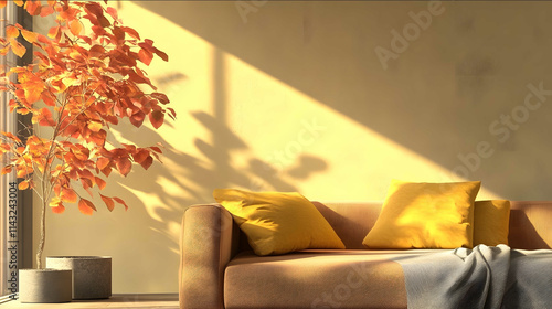 Day light saving ends hyperrealistic commercial image of a modern luxury coxy room interior with autumn home decor photo