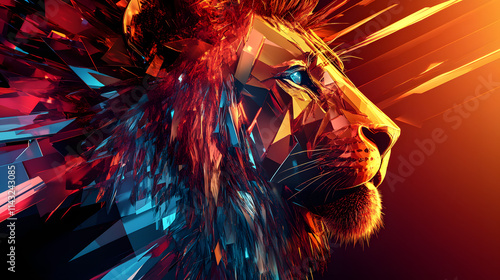 Fragmented prisms construct an abstract lion. photo