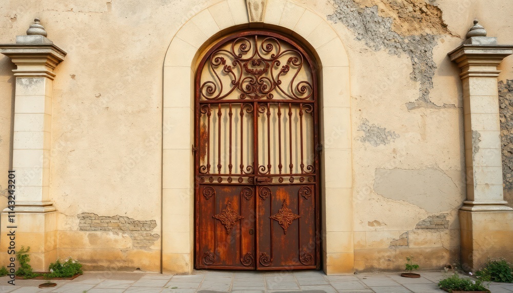 Fototapeta premium Ornate rusty metal gate stands on crumbling stone wall. Vintage architecture shows age, decay. Artistic design on weathered metal. Entranceway to old building church. Europe Asia style. Ancient