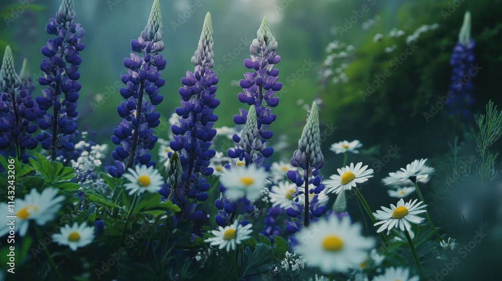 Obraz premium A serene garden scene featuring vibrant purple lupines and white daisies in a misty environment.