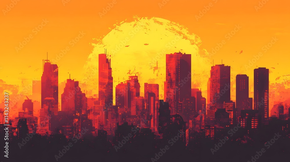 Fototapeta premium Post-apocalyptic city skyline at sunset, tall skyscrapers silhouetted against an orange sky