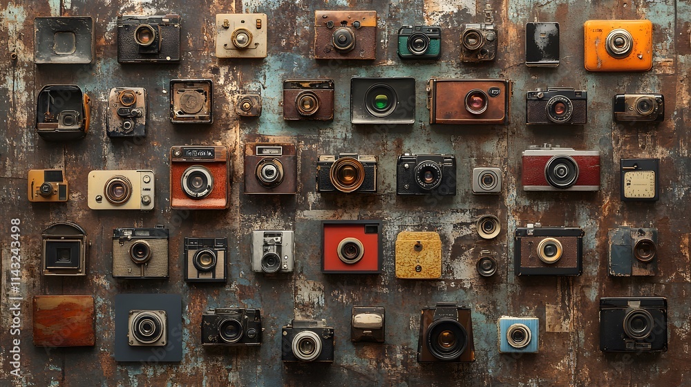 Obraz premium A collection of vintage cameras arranged artistically on a textured surface, celebrating photography's history