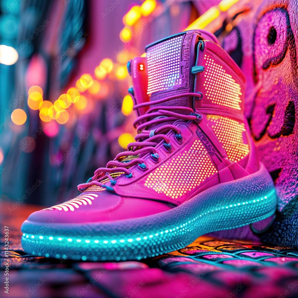 Futuristic glowing sneaker with neon lights and vibrant bokeh in urban street setting